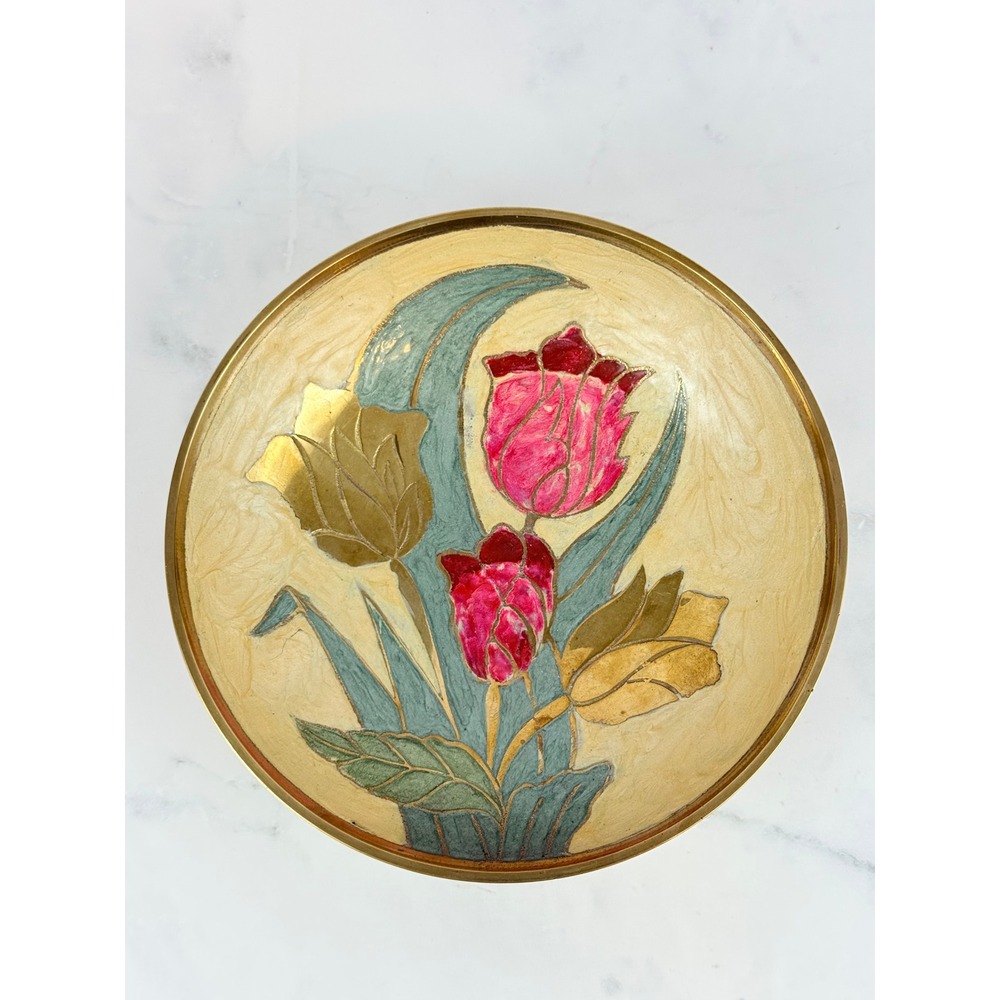 Solid India Art Brass Enameled Pedestal Footed Bowl Tulips Floral 7.5" MINT!